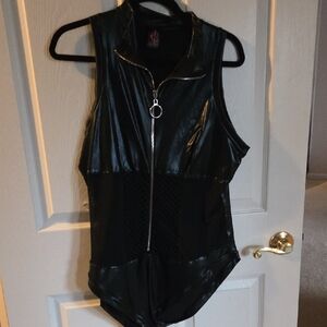 Music Legs Black Faux Leather & Mesh Zipper Romper Bodysuit